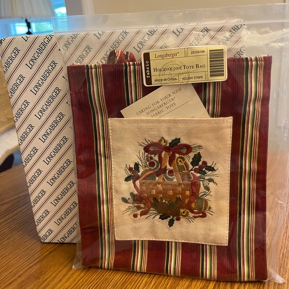 Longaberger Holiday 2005 Tote Bag Holiday Stripe Embroidered Front Pocket NIB - Picture 4 of 4